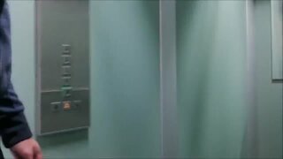 Jerking off his hard cock. Risky elevator shot