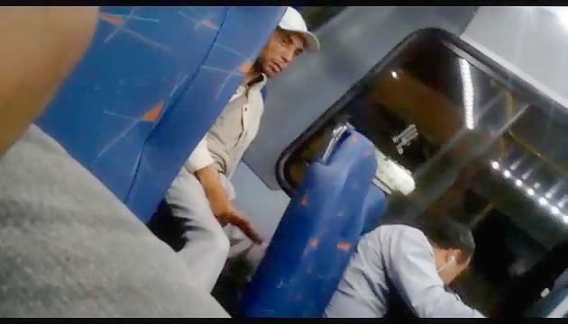 Showing off his monster cock on the bus